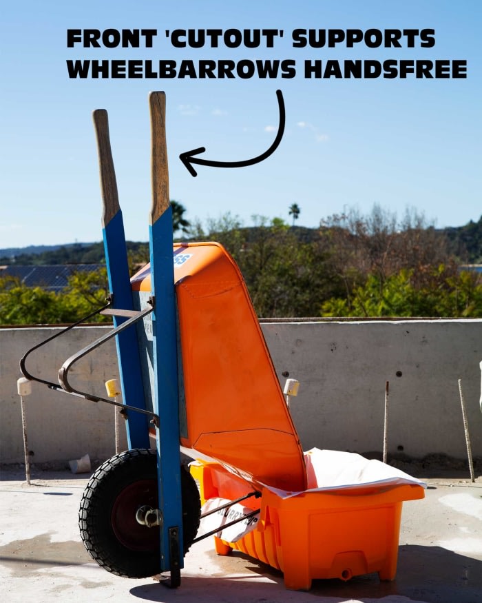 wheelbarrow in tub with text 'supports wheelbarrows handsfree'