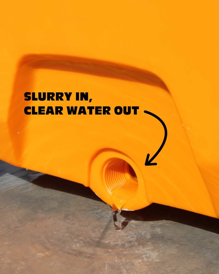 slurrytub draining water with text 'slurry in, clear water out'