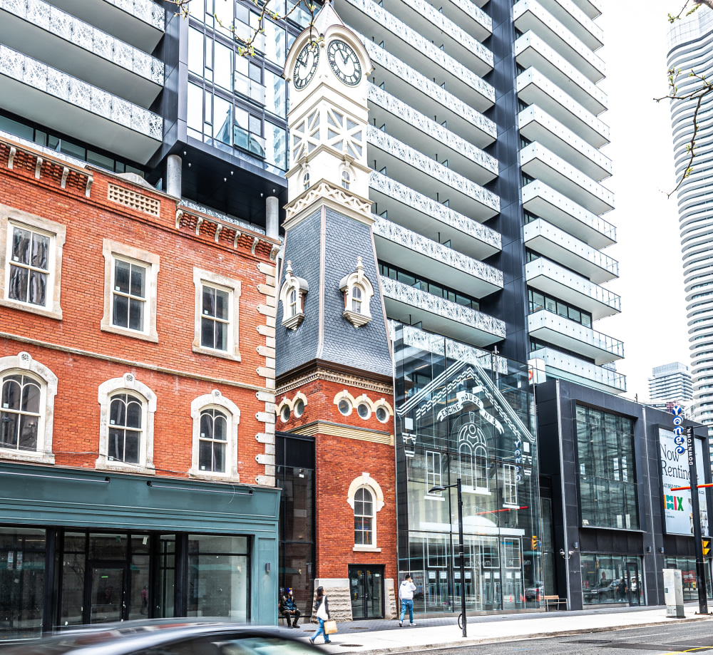 Exterior of Engine Fire House #3 with brick clock tower.