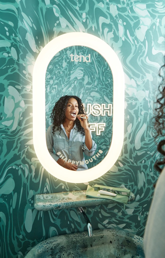 Sink and mirror in teeth brushing area.