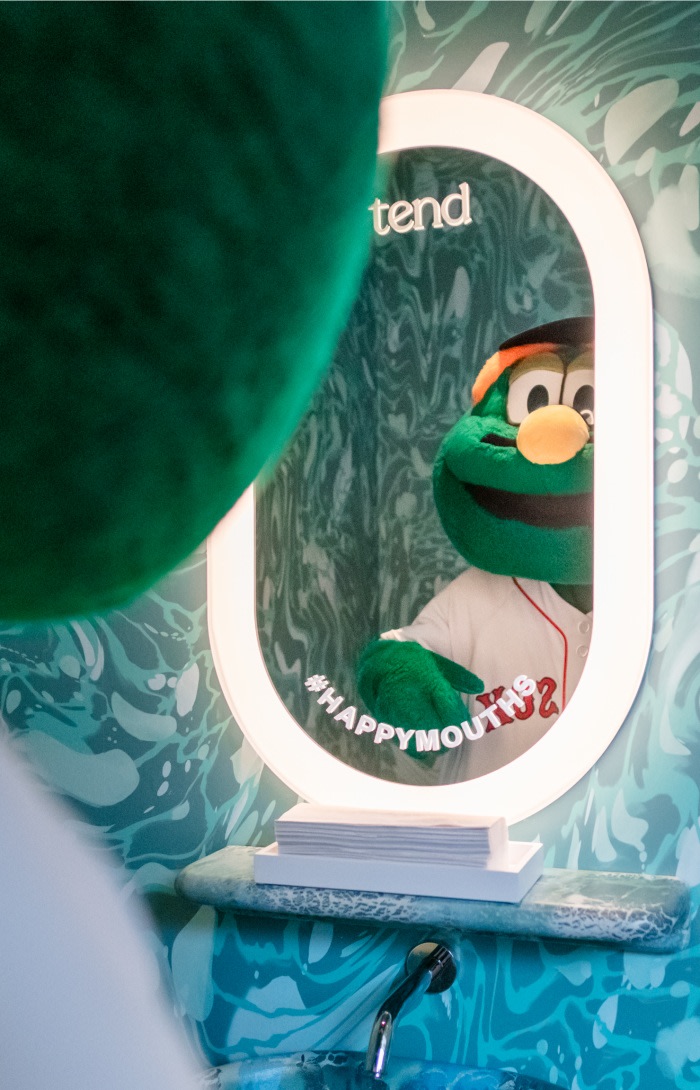 Wally the Green Monster in the brushing area.