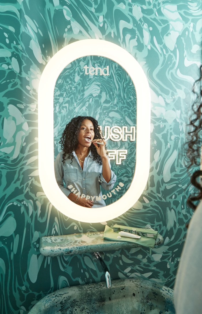 Sink and mirror in teeth brushing area.