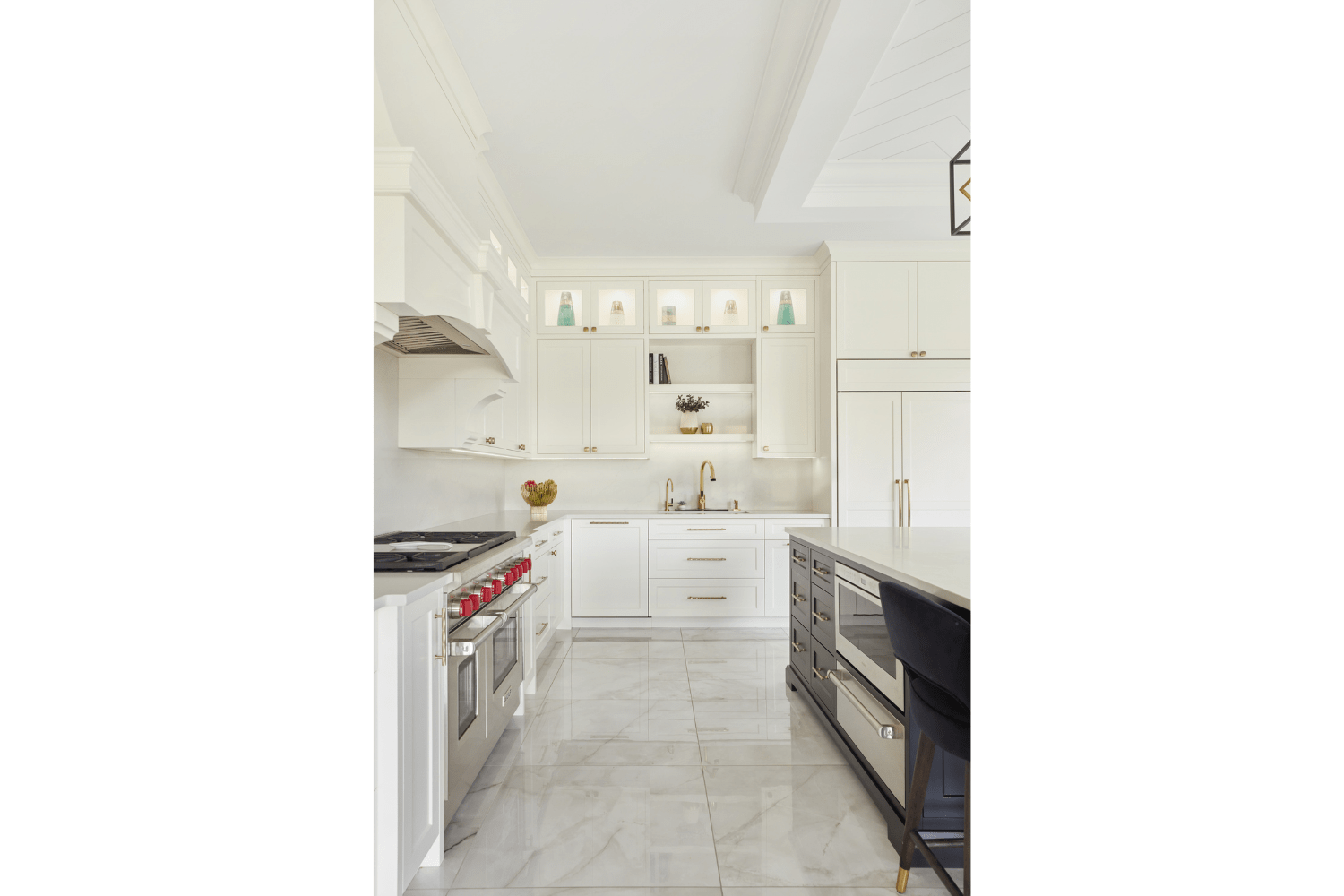 White transitional kitchen sink view with open shelving
