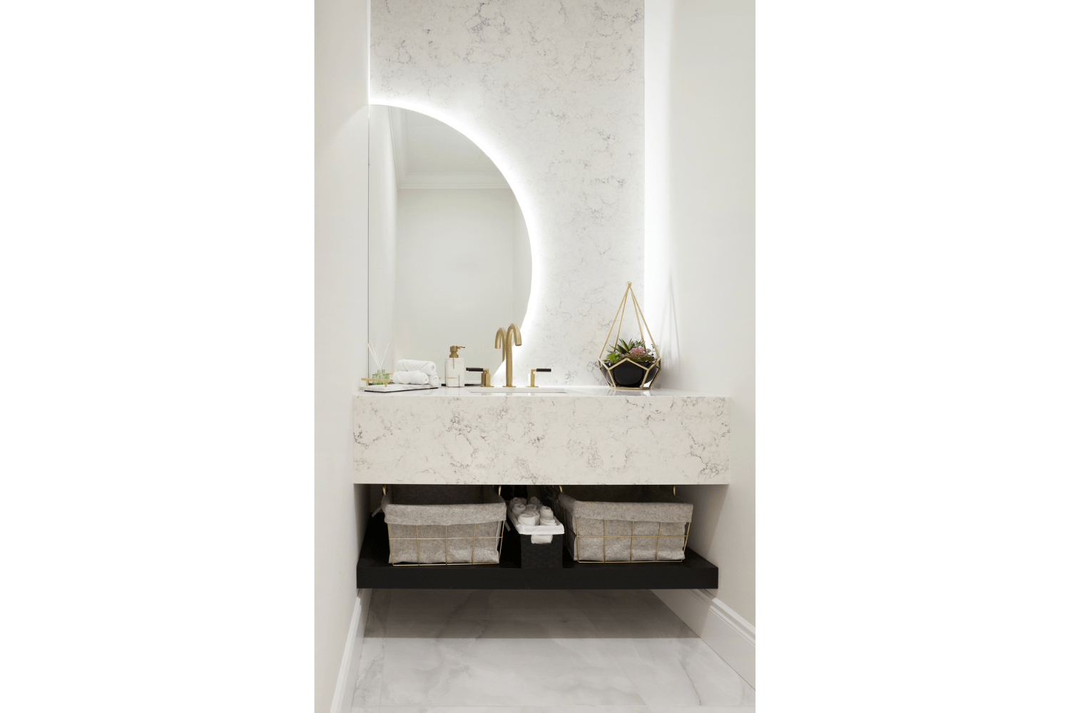 Modern floating powder room vanity with mirror and open shelf
