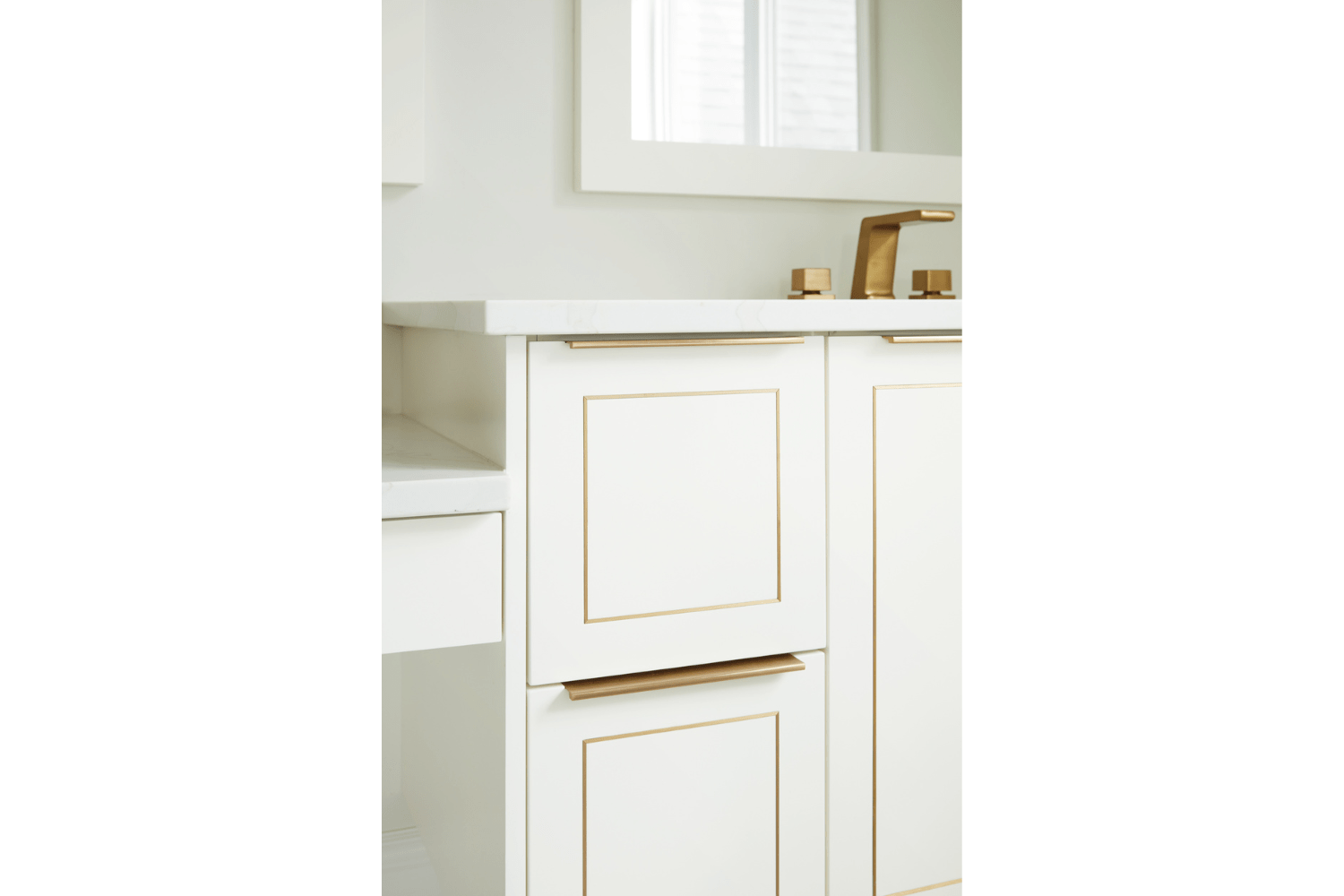 White and gold master ensuite vanity with gold inlay detailing