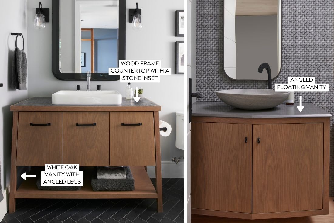 Modern white oak bathroom vanities with angled details