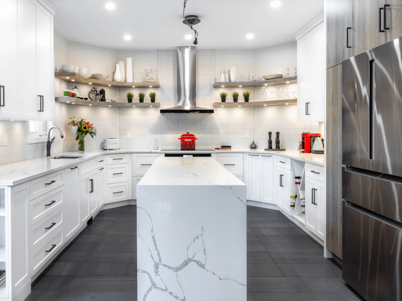 U-Shaped kitchen with a thin kitchen cabinet island design