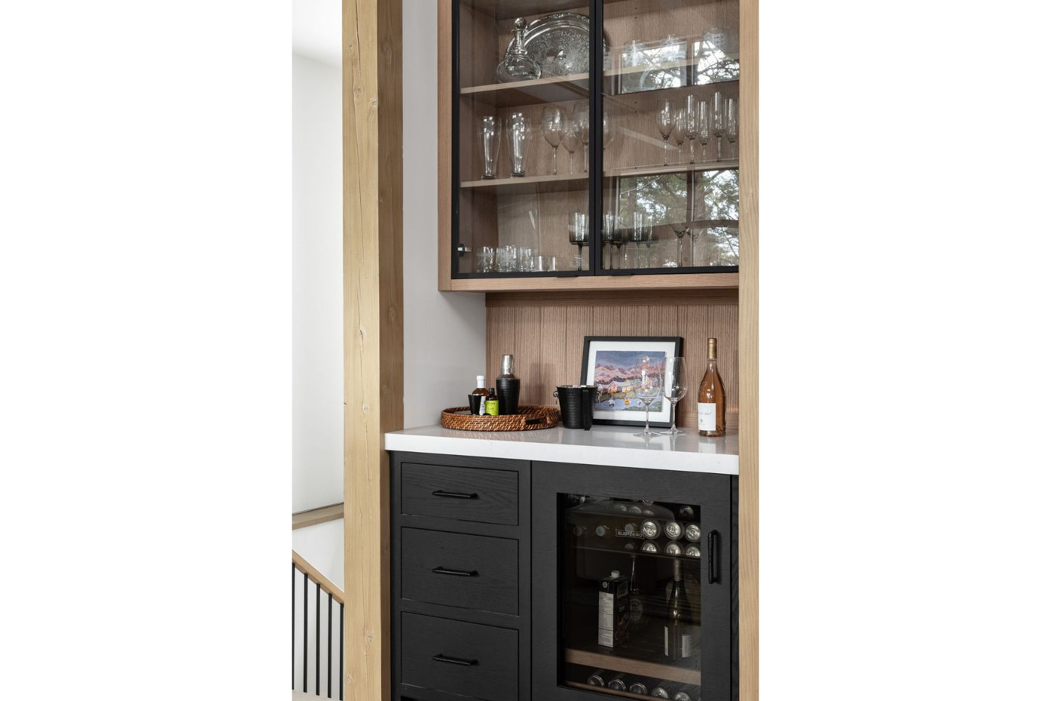 Project Fieldale: Built-in bar with glass panel cabinets