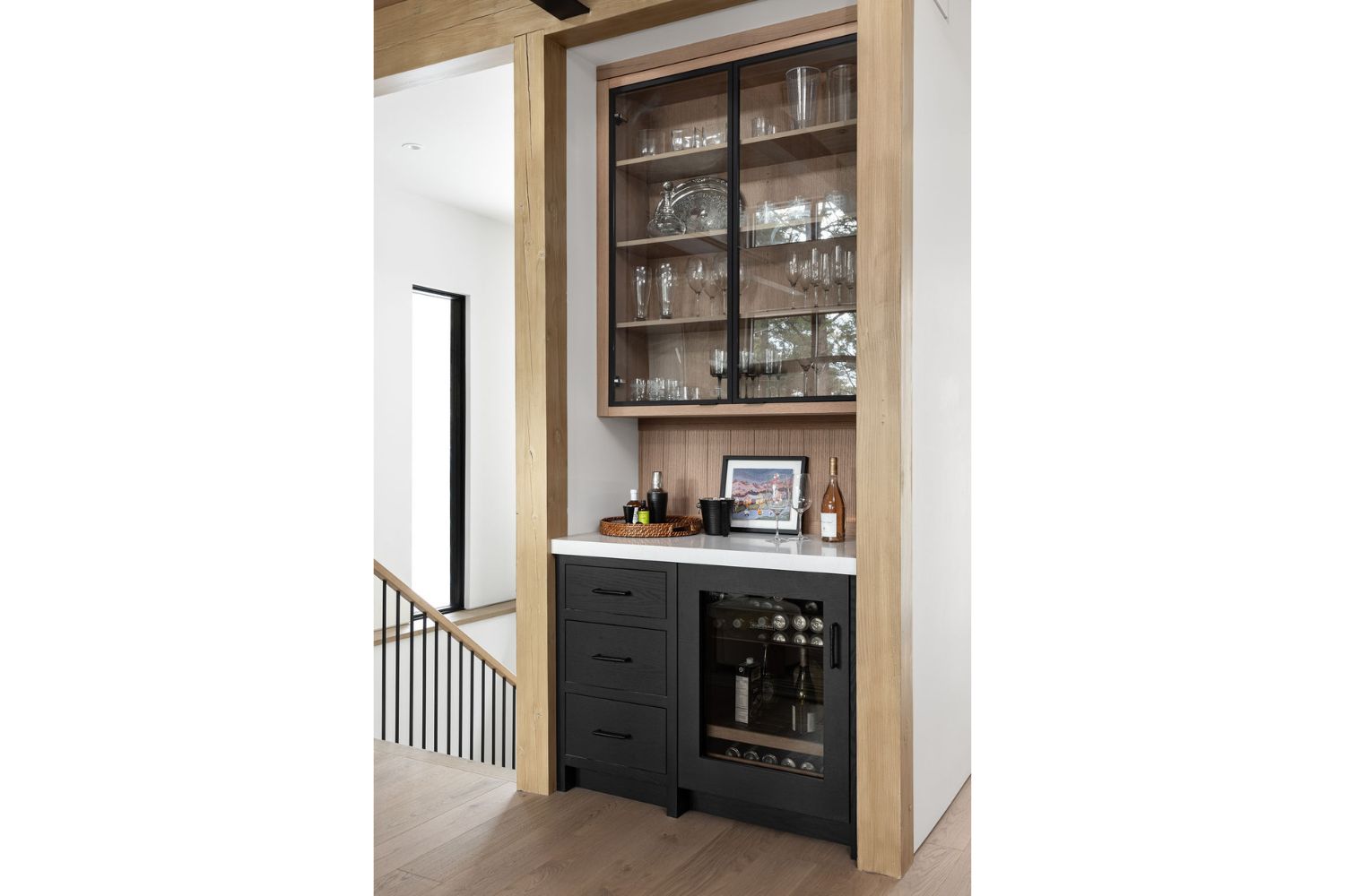 Project Fieldale: Kitchen bar with oak cabinets and glass