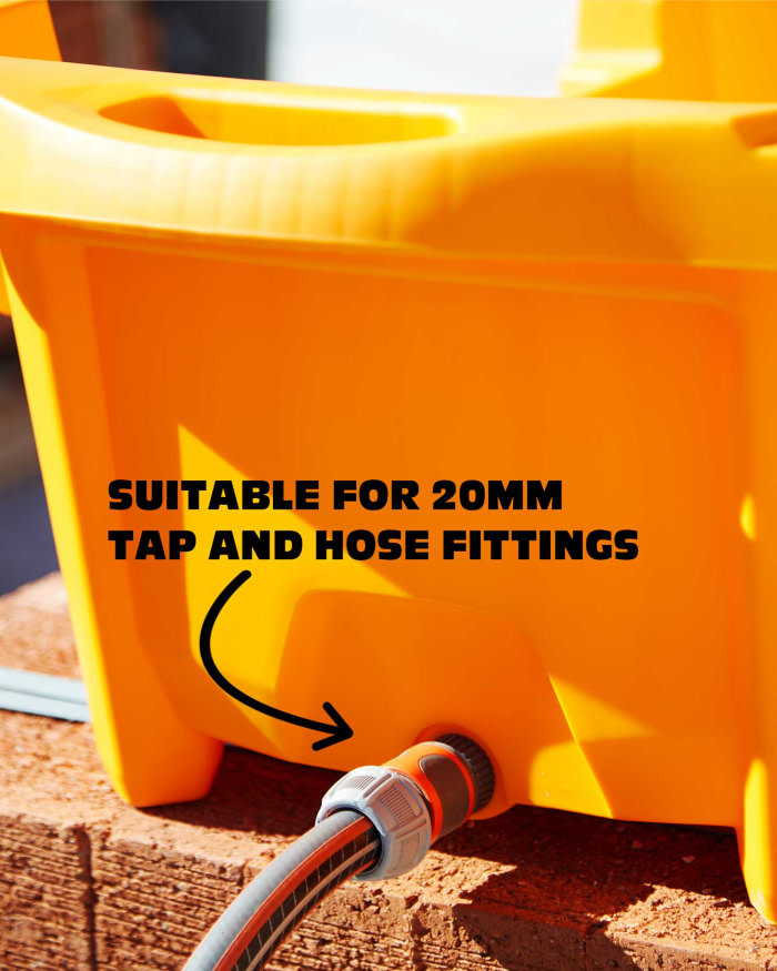 hose attached to tub with text 'suitable for 20mm fittings'