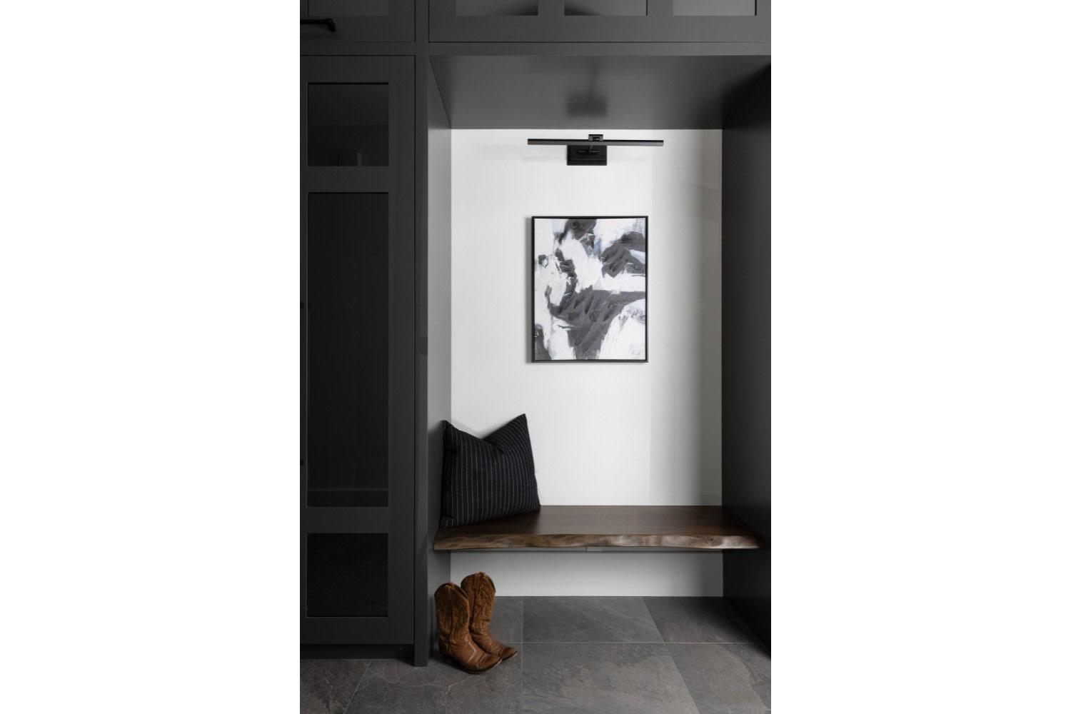 Contemporary Black Entry Cabinetry with Floating Bench