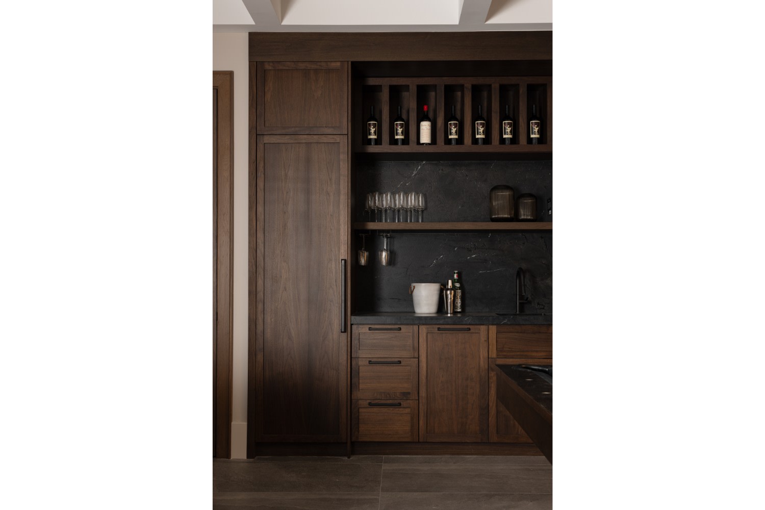 Walnut Paneled Fridge in Rustic Rec Room