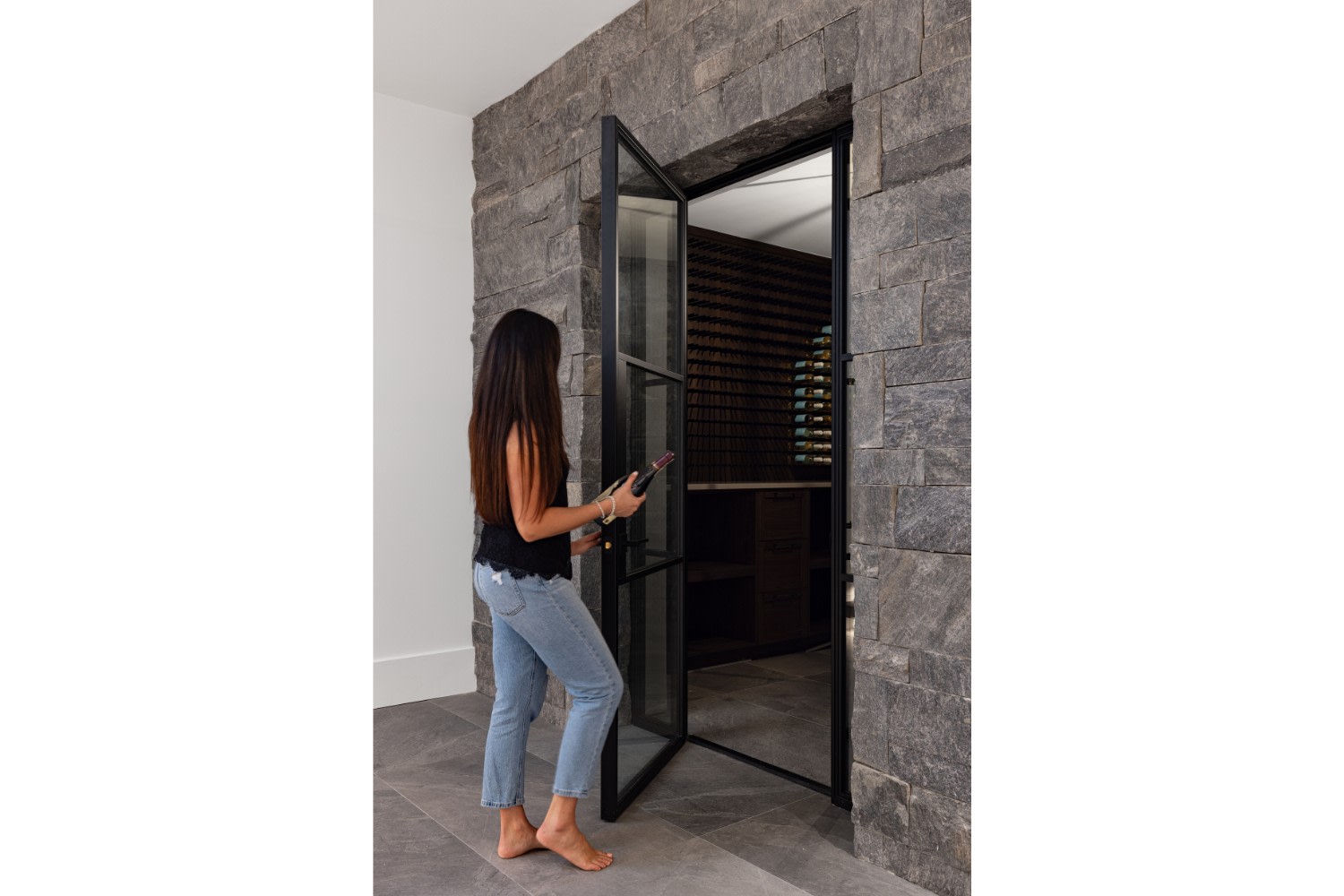 Luxurious Wine Room in Contemporary Cottage Basement