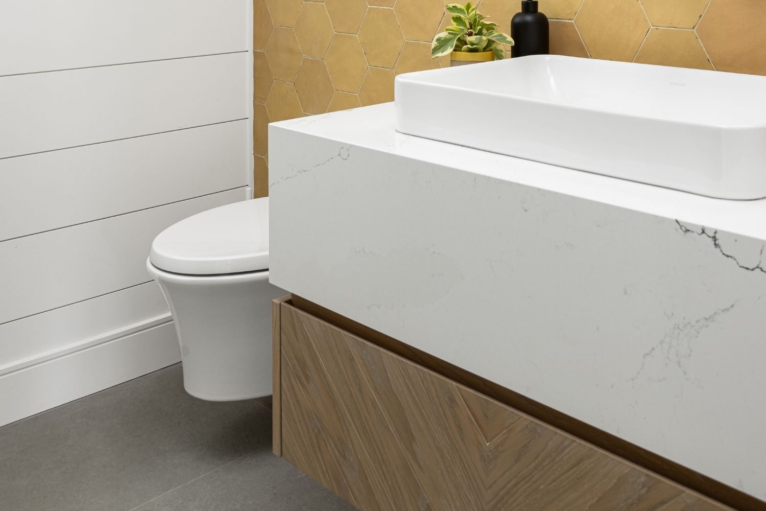 Bangor Lodge powder room with floating white oak vanity