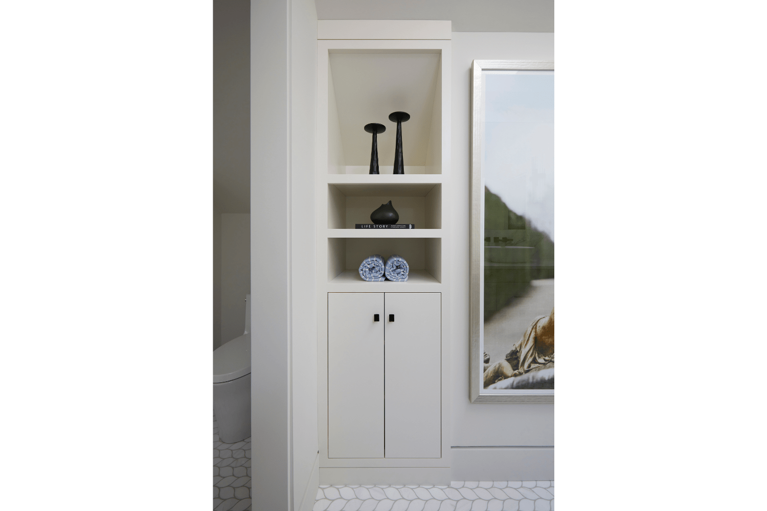 Project Coach House spa bathroom built-in shelving