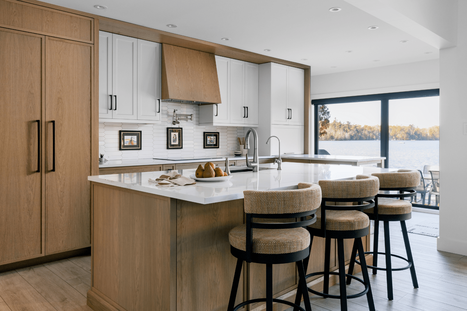 white and white oak modern kitchen design with black handles