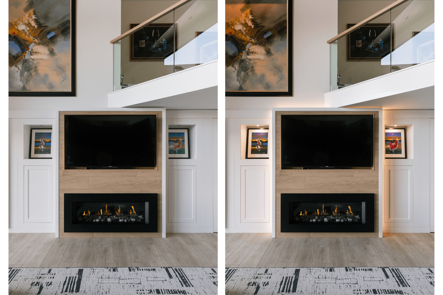 White oak fireplace mantel and TV surround