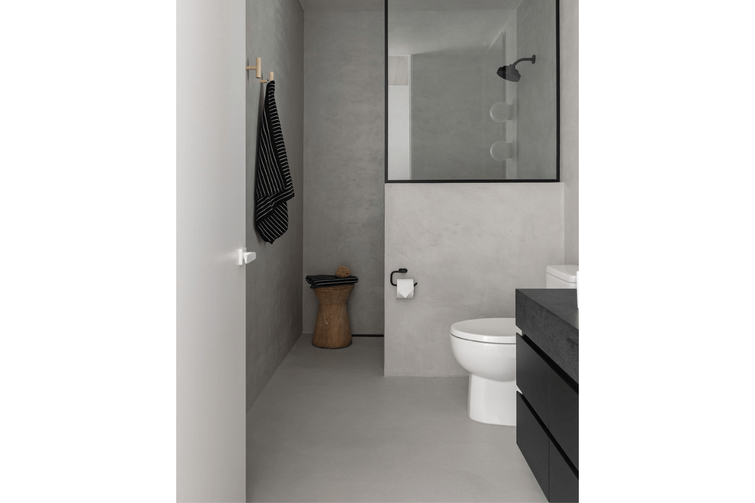 Modern industrial bathroom design with black bathroom vanity