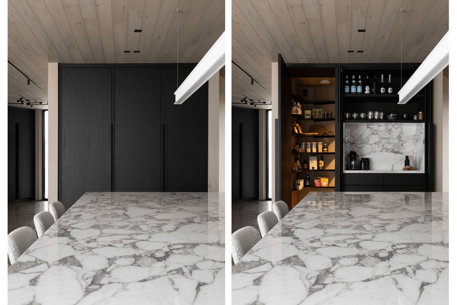 Pantry with integrated lights and pocket doors coffee bar