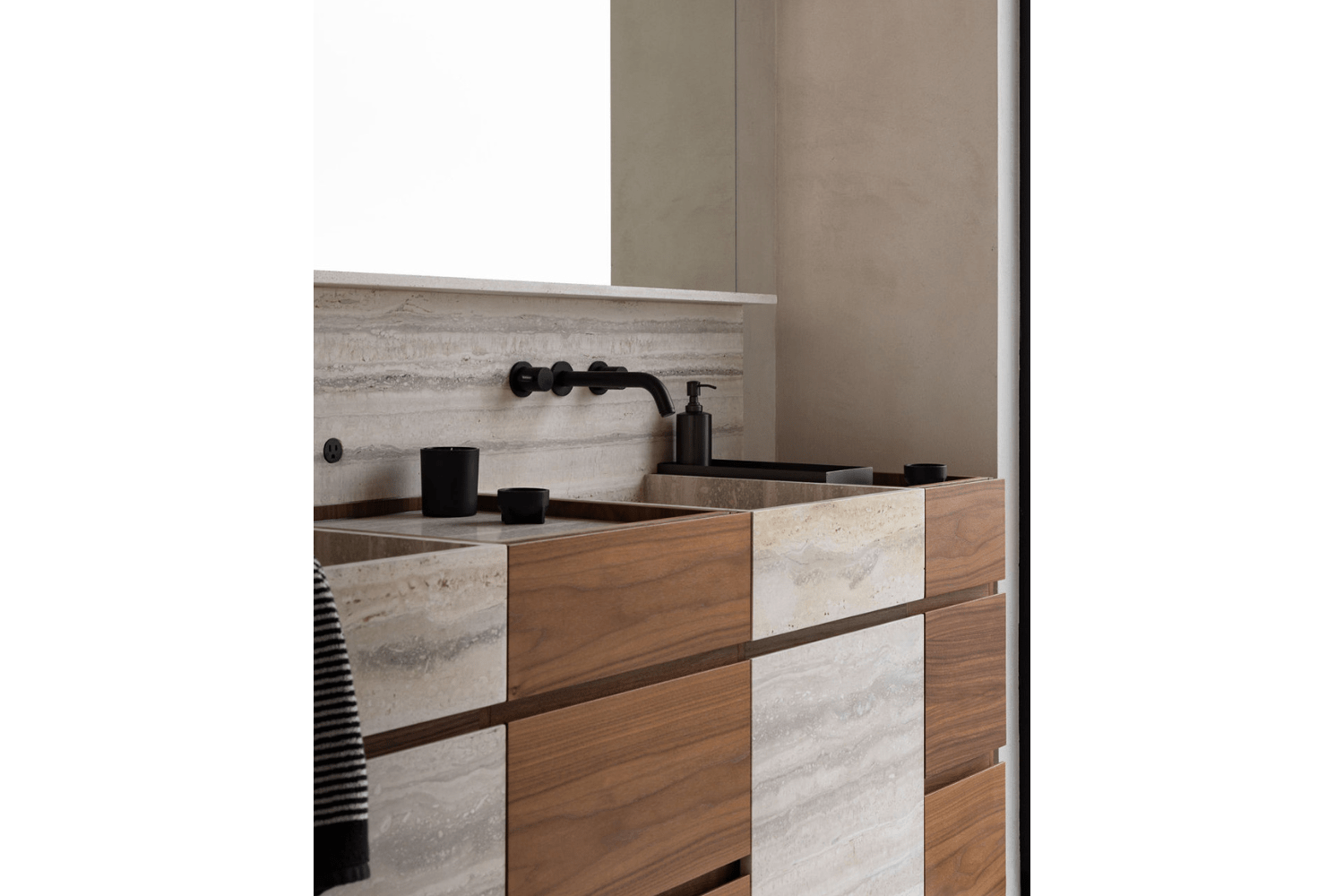 Walnut bathroom vanity with wall mounted faucet
