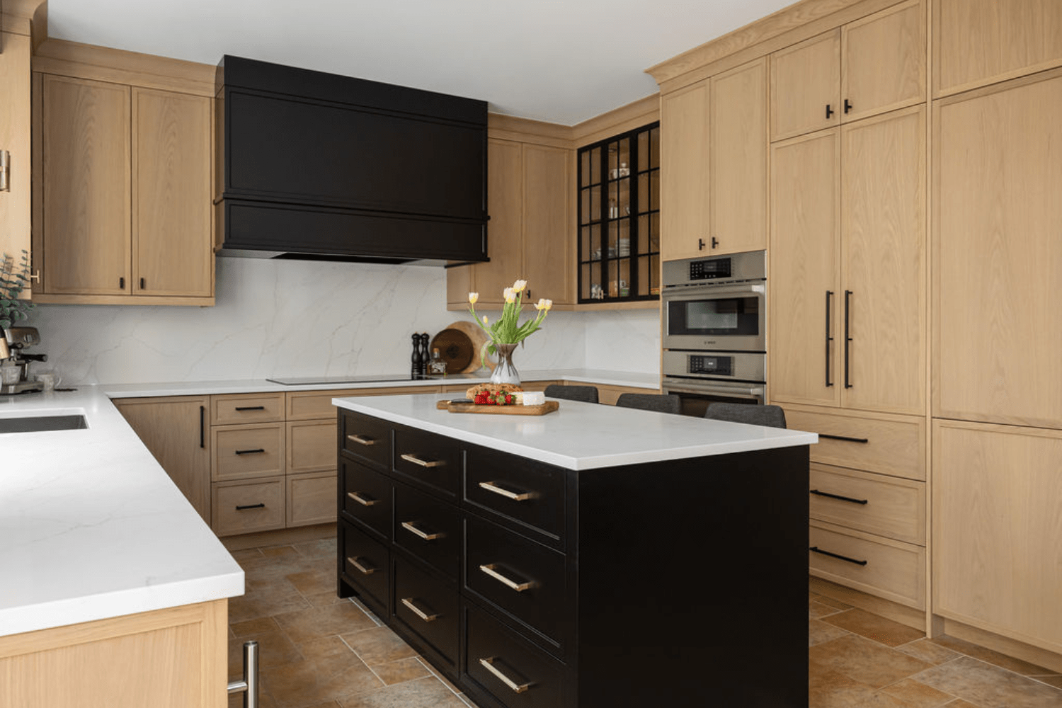 White oak kitchen with black kitchen island