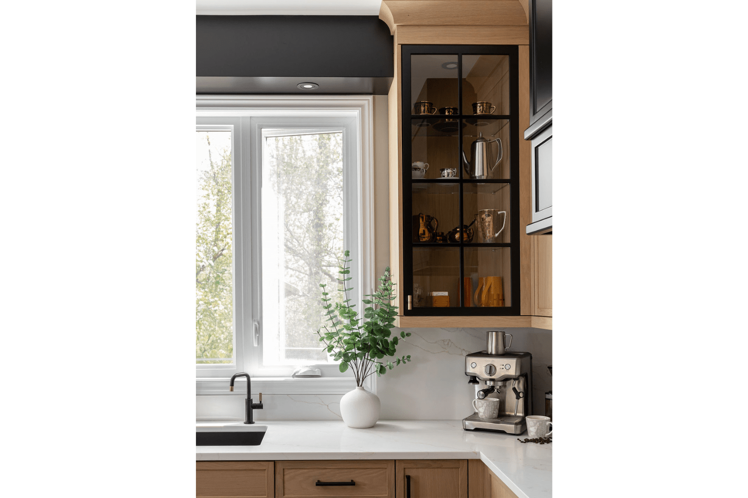 Glass kitchen cabinet shaker door in white oak kitchen