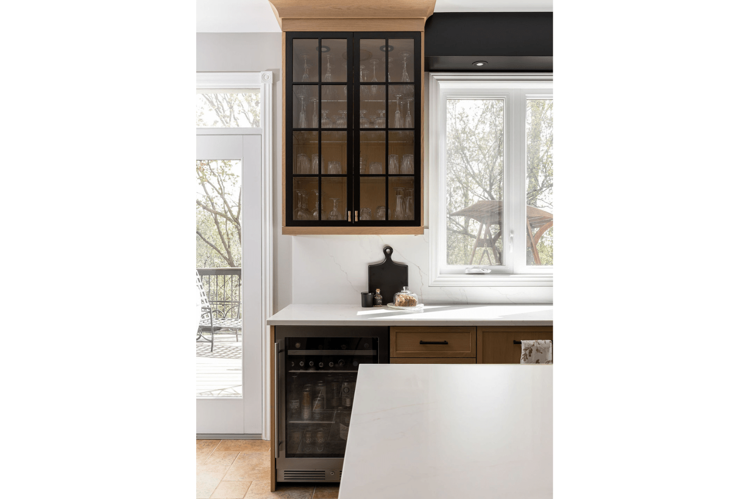 Glass kitchen cupboard doors with black frame