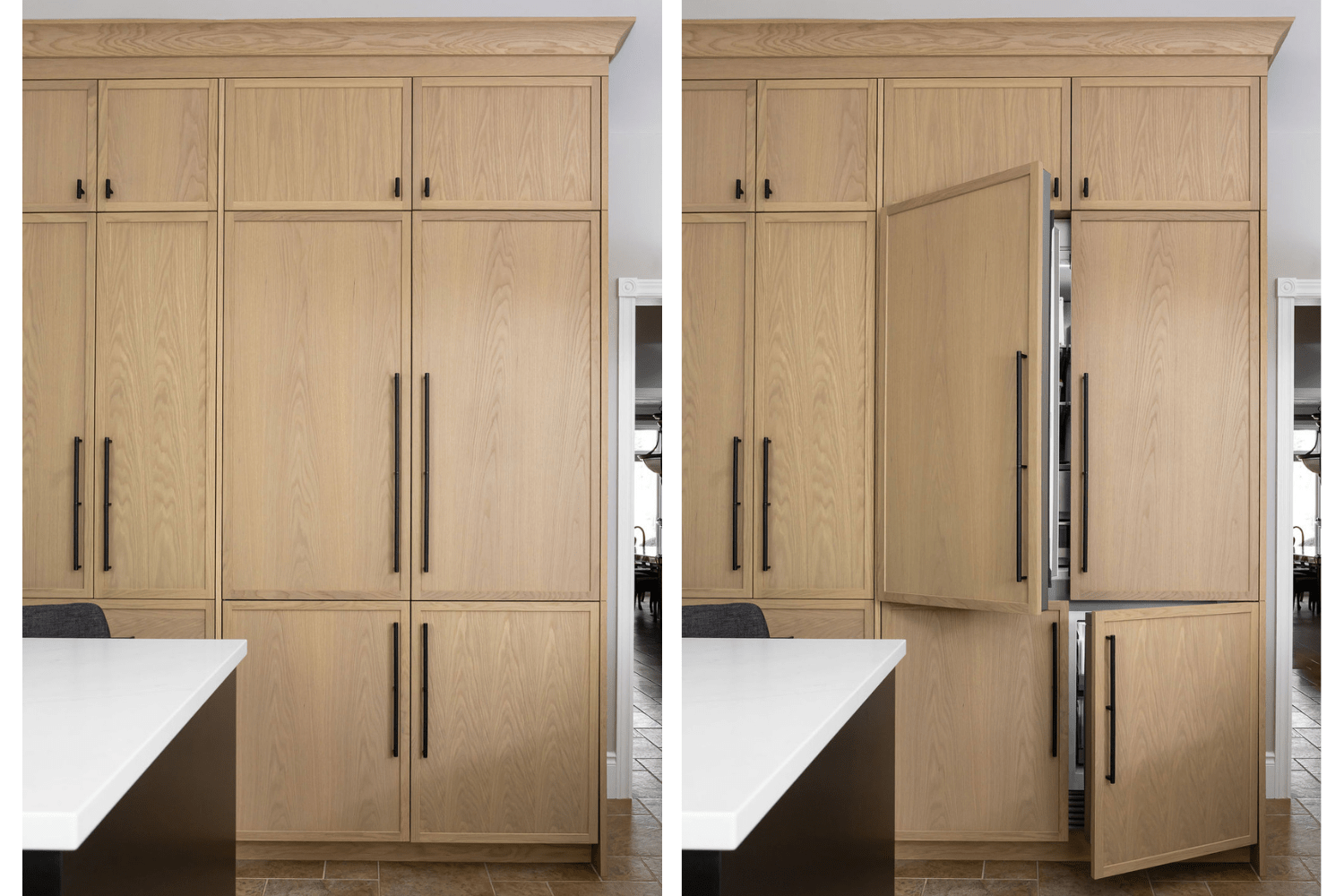 Panel ready white oak french door fridge and freezer