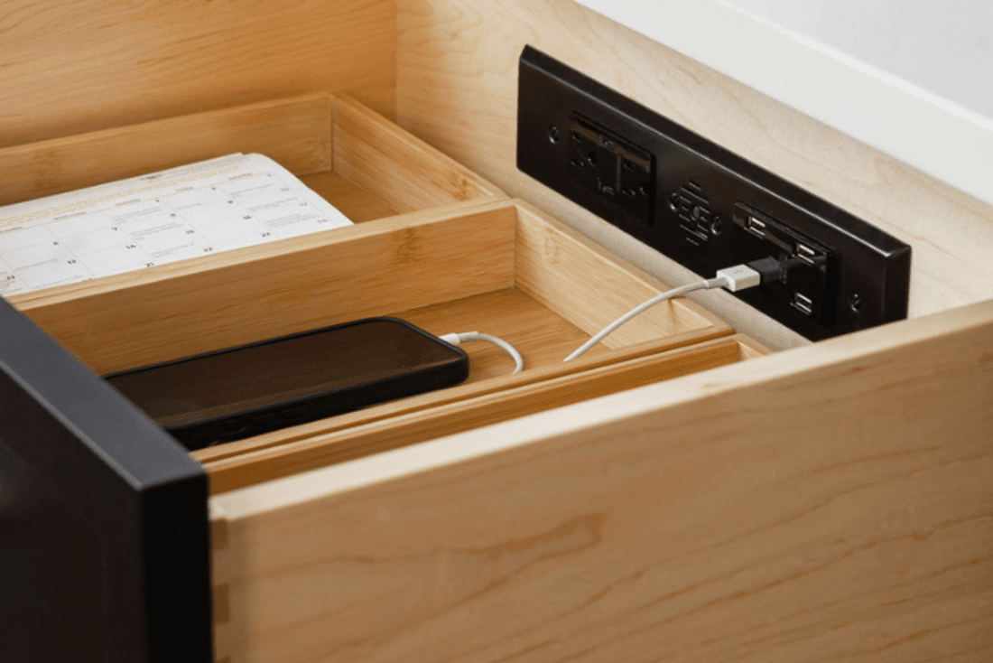Kitchen drawer with docking drawer station for charging