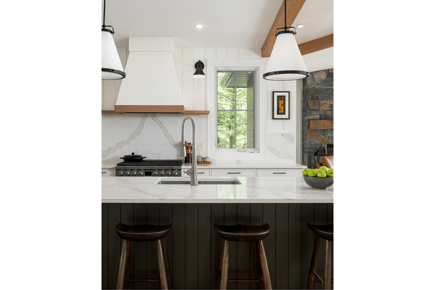 white custom range hood with oak valance and oak floating shelve