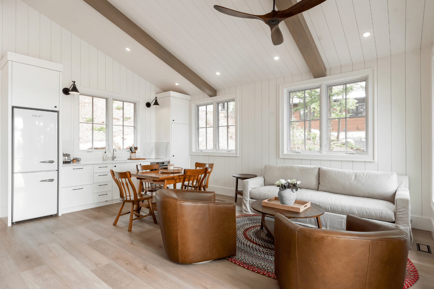 Bunk house design with white kitchenette