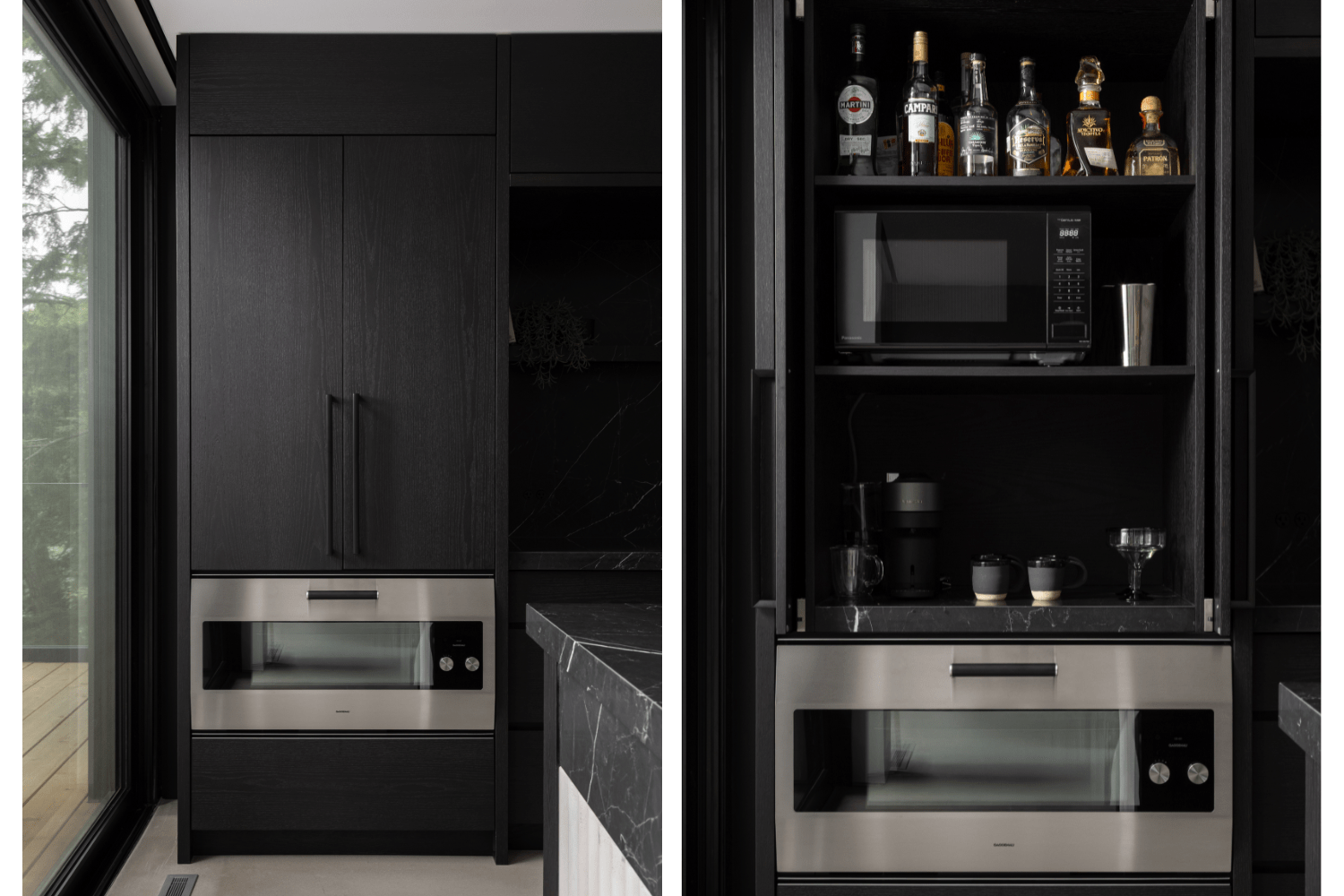 Pocket door coffee bar with wall oven