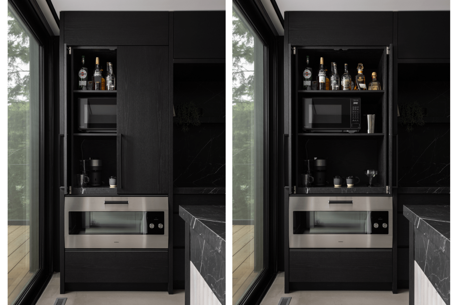 Coffee bar pocket doors in luxurious black kitchen design