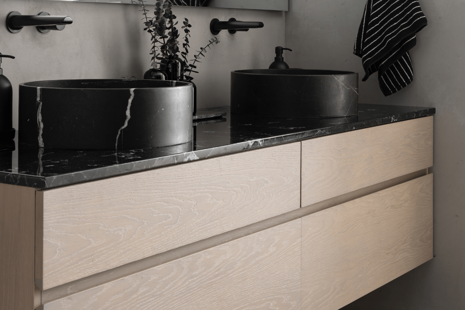 Floating double sink white oak bathroom vanity