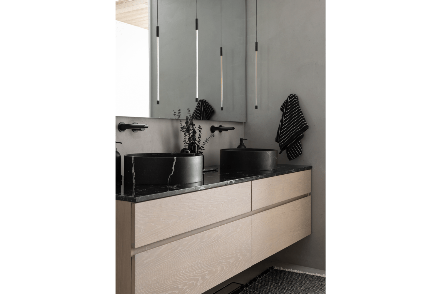 Double vessel sink floating white oak bathroom vanity