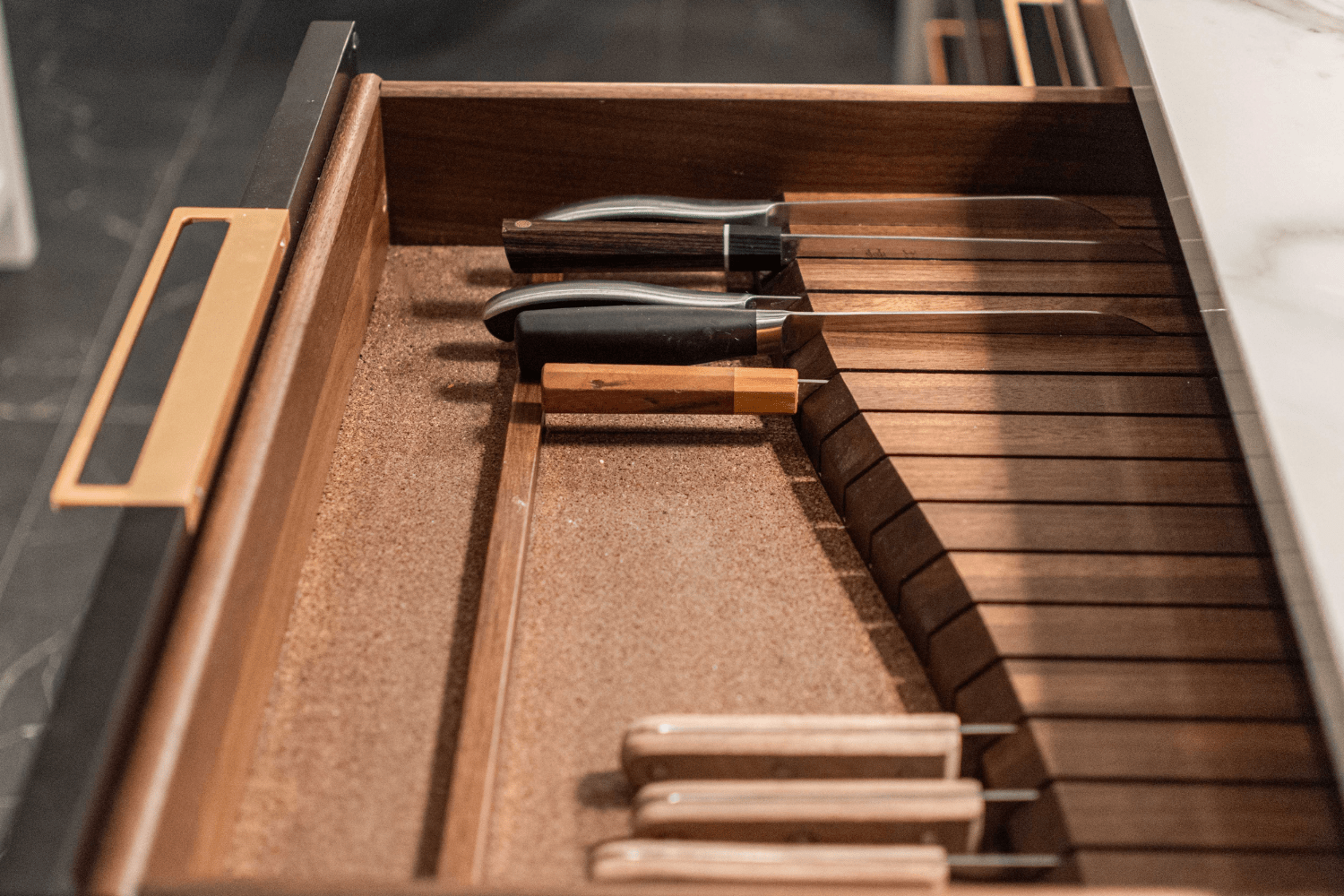 Custom knife block drawer with walnut interior