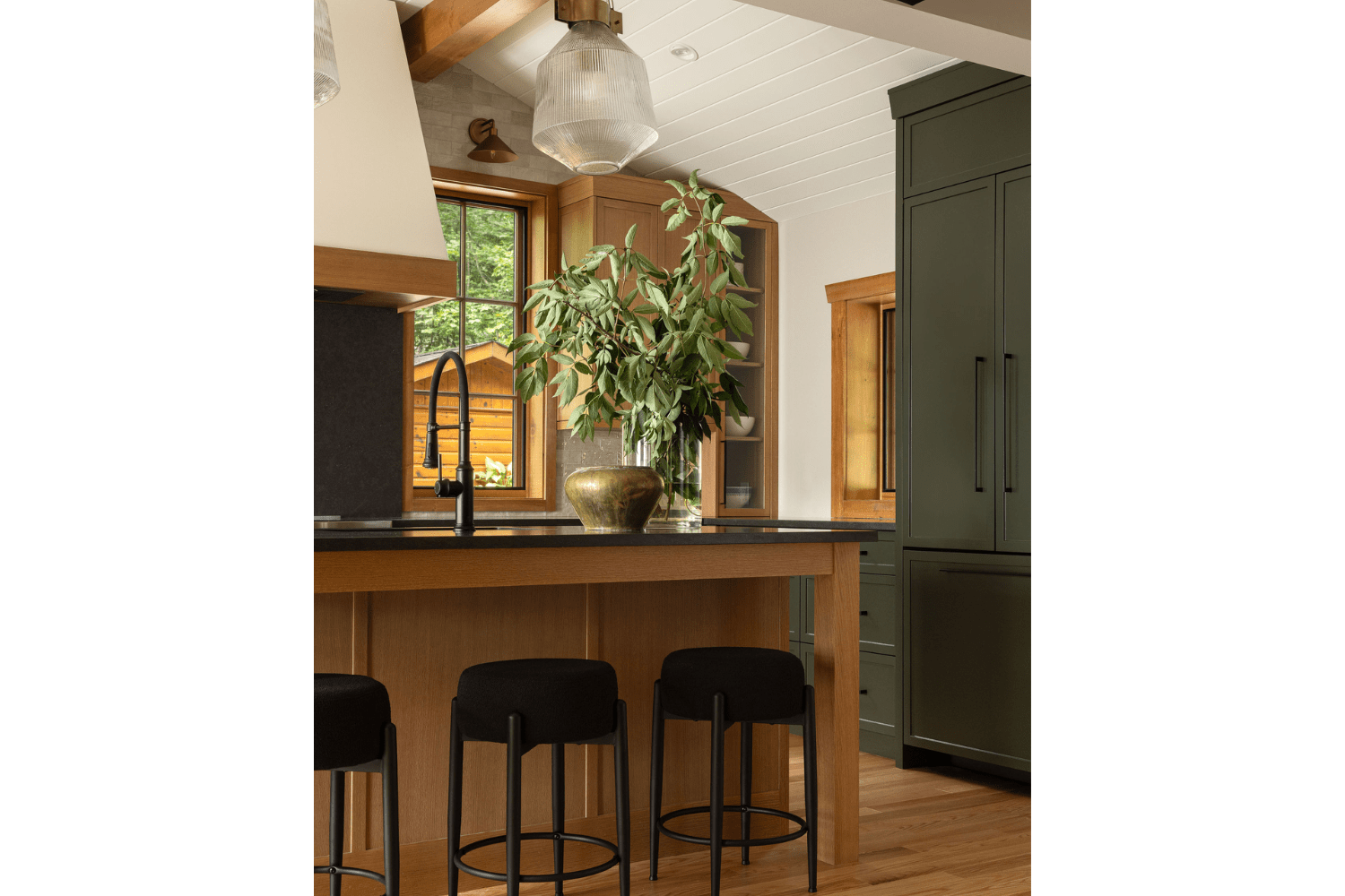 Red oak kitchen island in modern green kitchen design