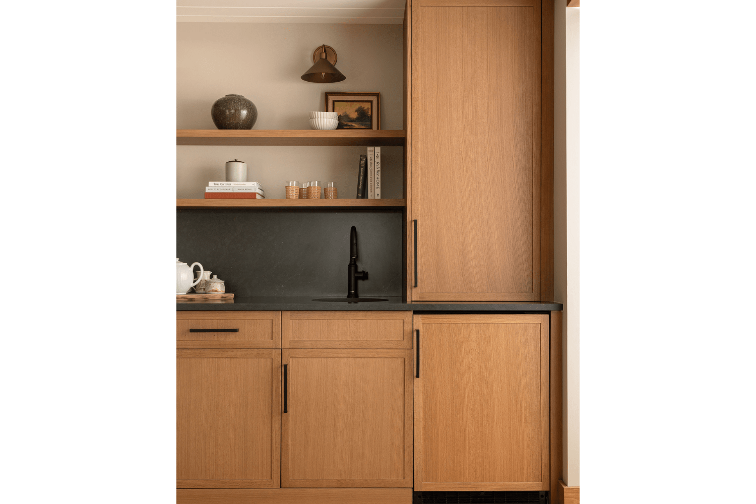 Dining room wet bar servery with panel ready mini fridge