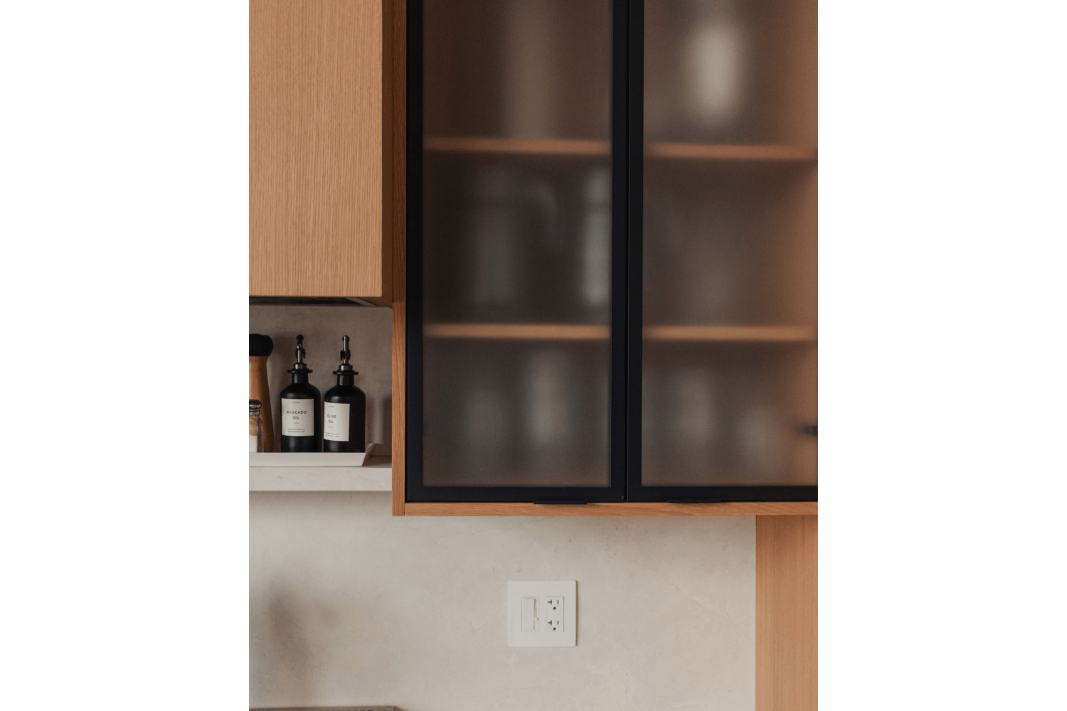 metal framed kitchen cabinet with frosted glass
