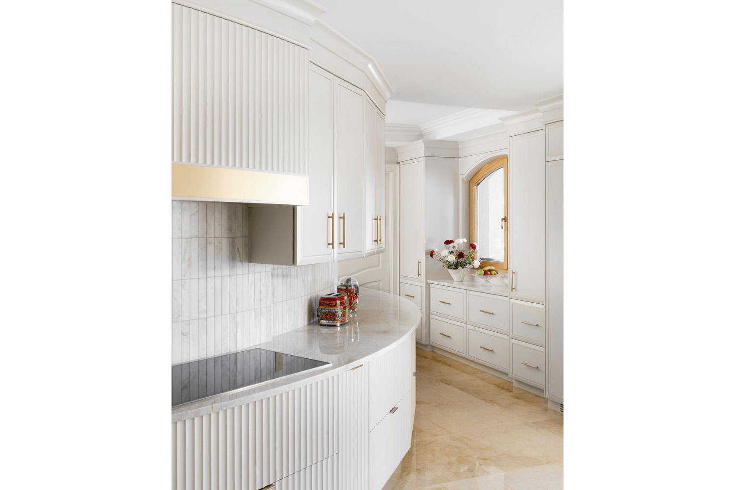 Custom Cream and Gold Curved Transitional Kitchen Design with Fluted ...