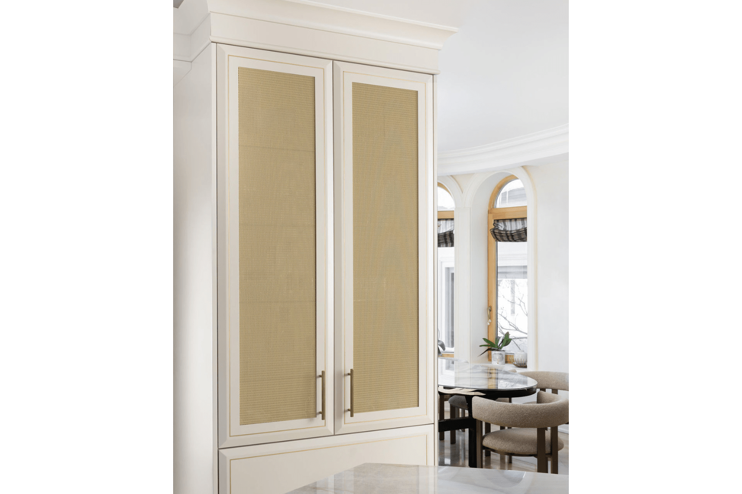 Custom gold wire mesh cabinet doors on hutch