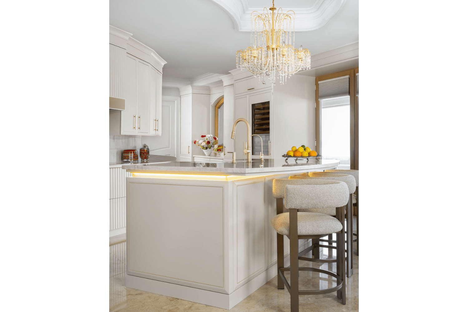 Custom kitchen island with LED lights around countertop perimete