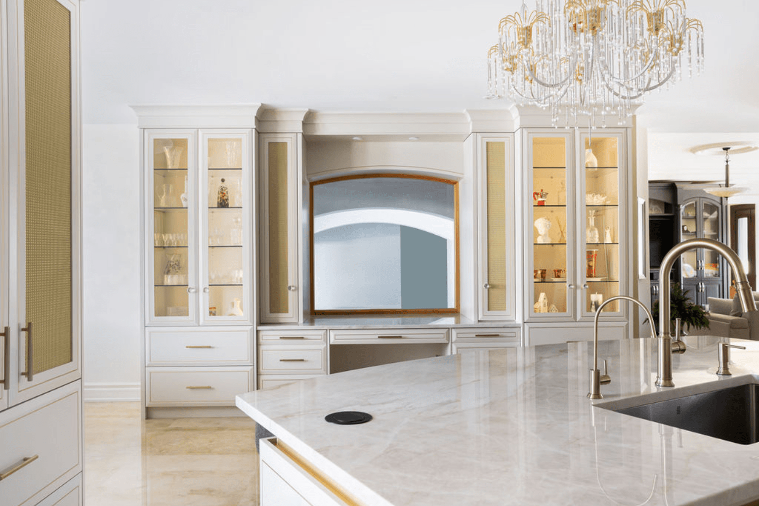 Kitchen cabinet desk with glass shaker doors