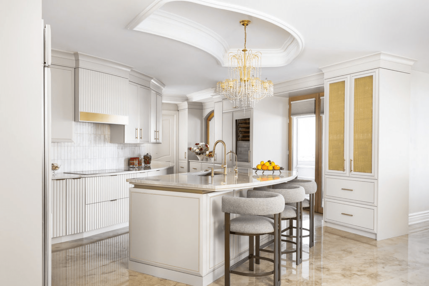 Luxury transitional kitchen design with gold inlay cabinetry