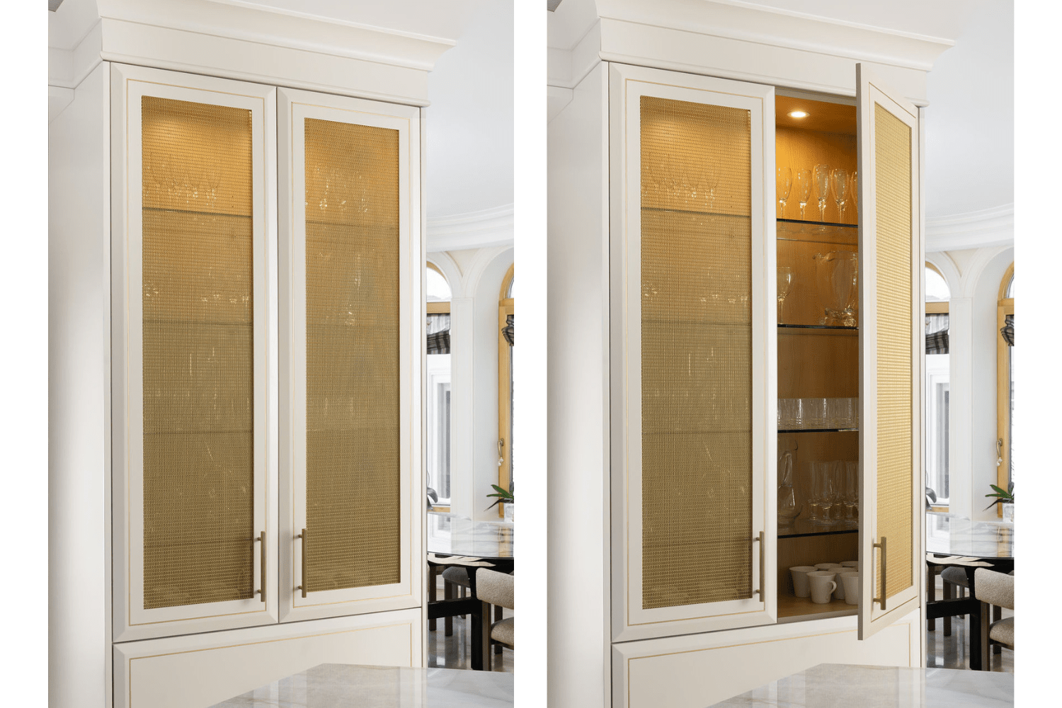 Wire mesh on custom hutch allowing lighting to shine through