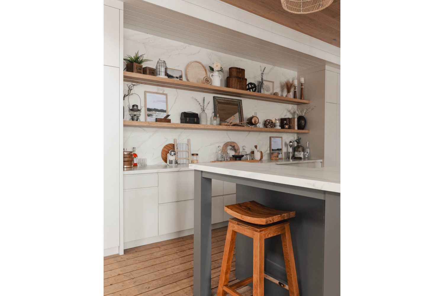 Boathouse bar design with floating shelves