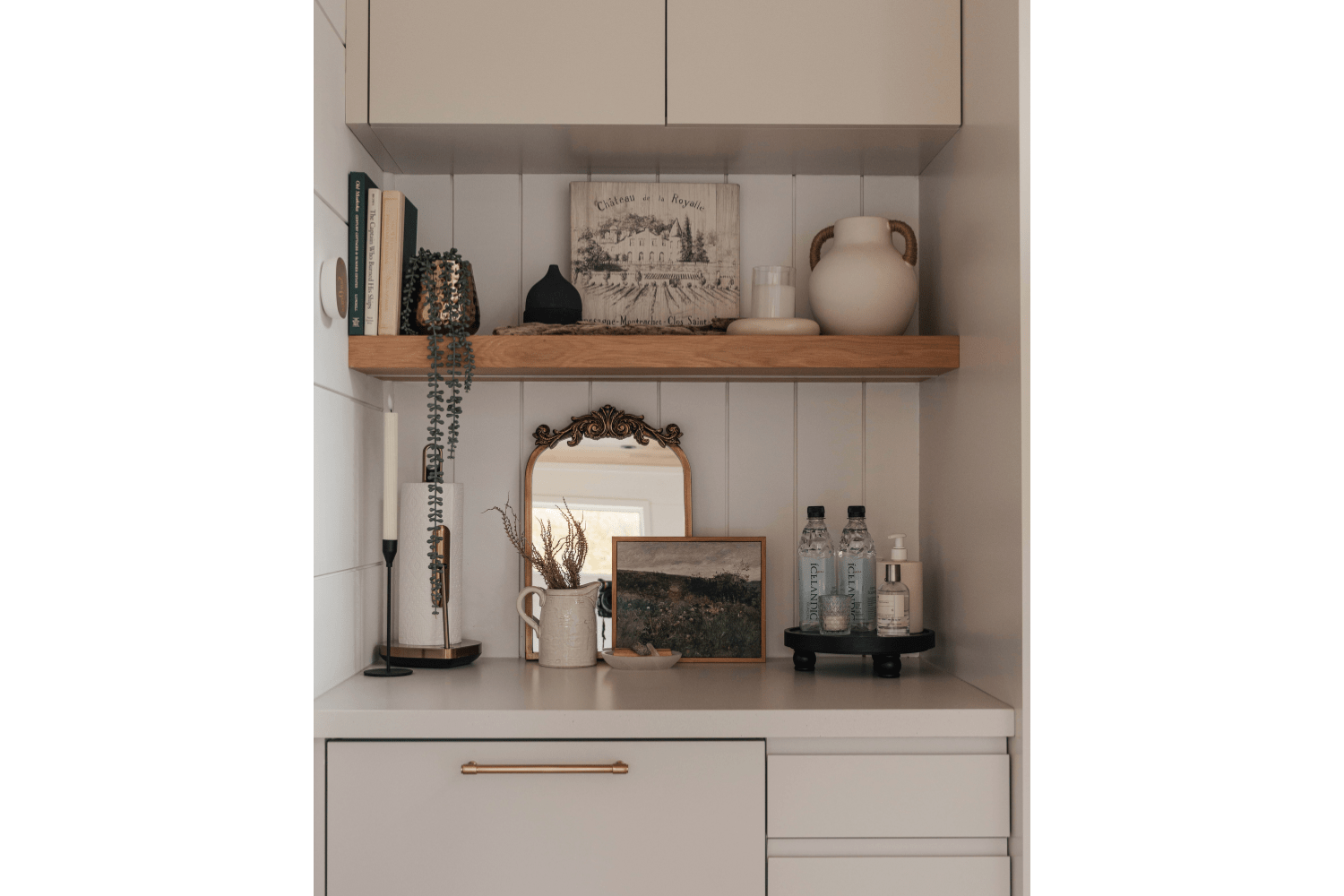 Modern dry bar design with beige cabinetry