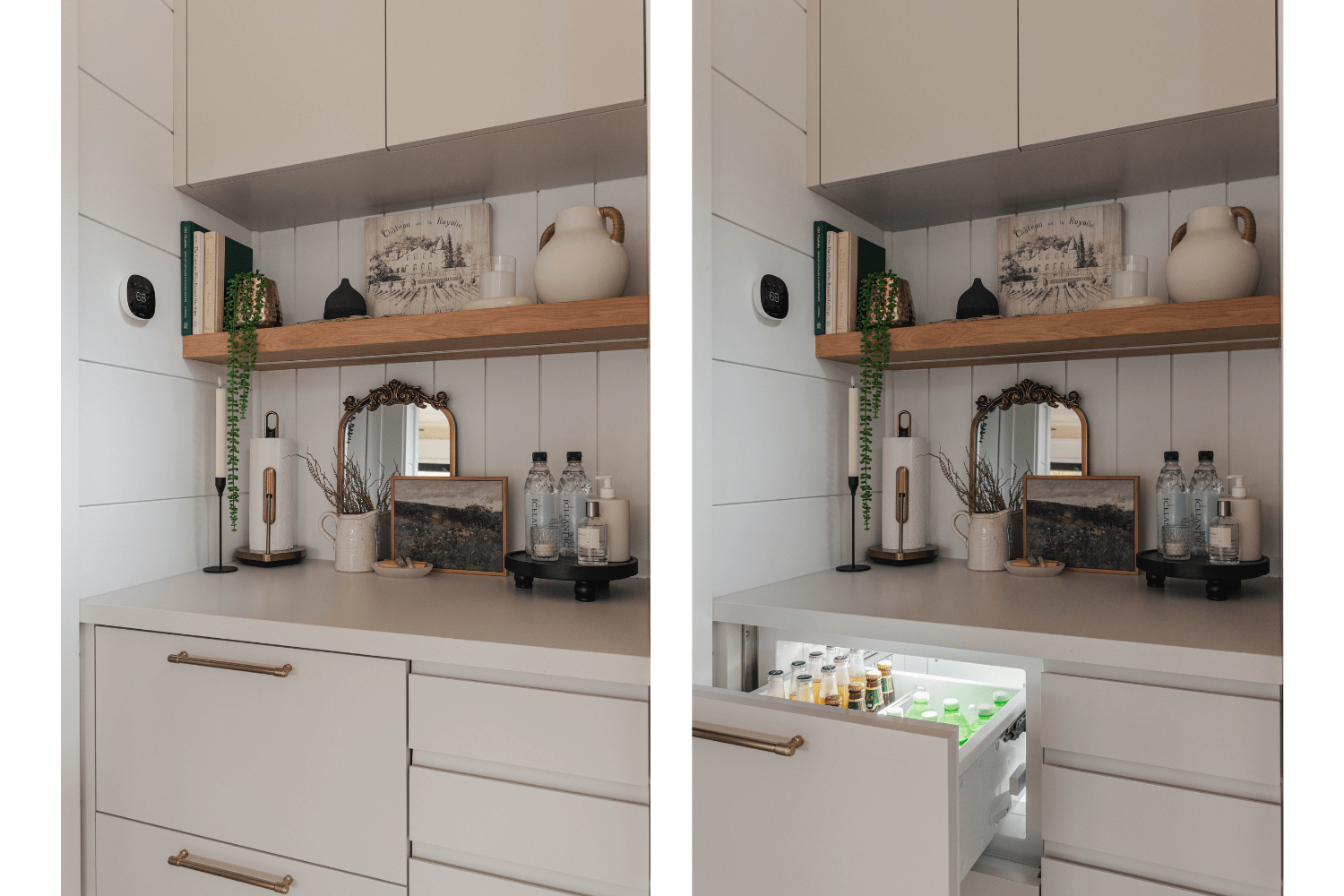 Contemporary dry bar design with integrated fridge drawer