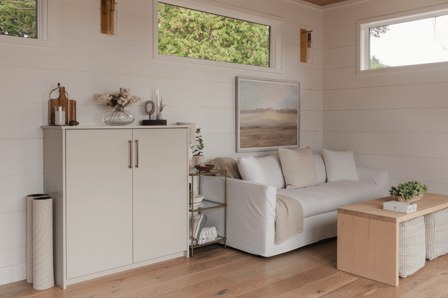 Boathouse lounge custom storage cabinet in sitting area