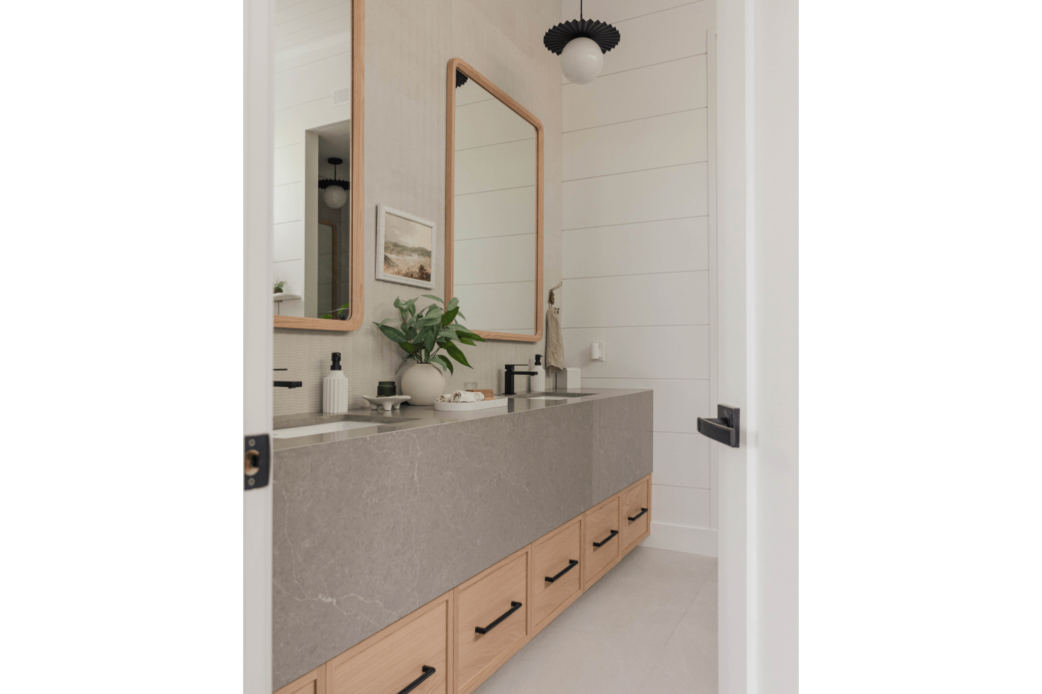 White oak bathroom vanity with narrow shaker drawers